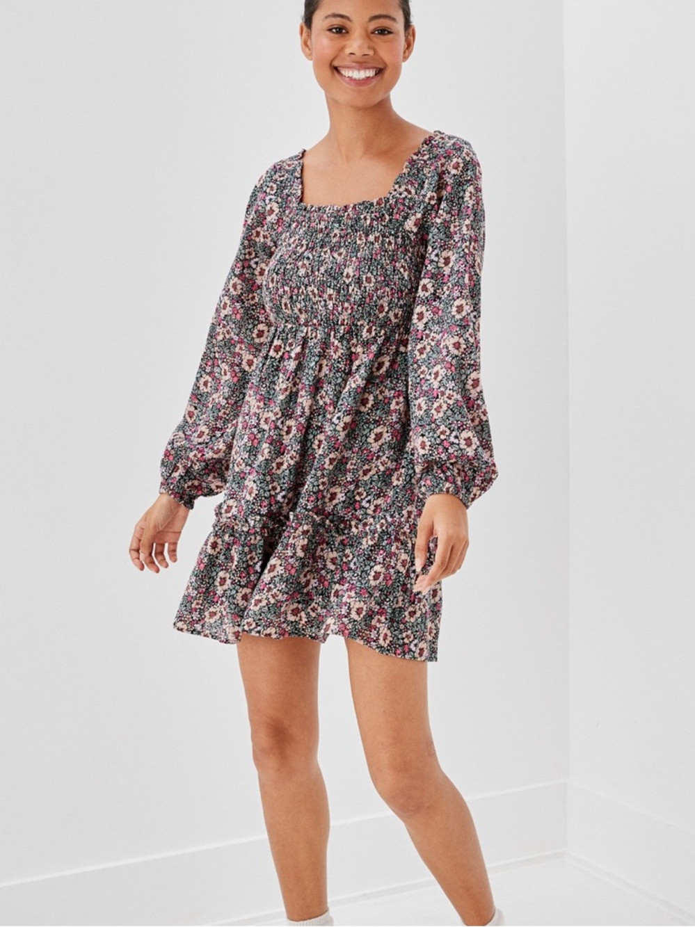 American Eagle Outfitters Black Floral Smocked Babydoll Dress